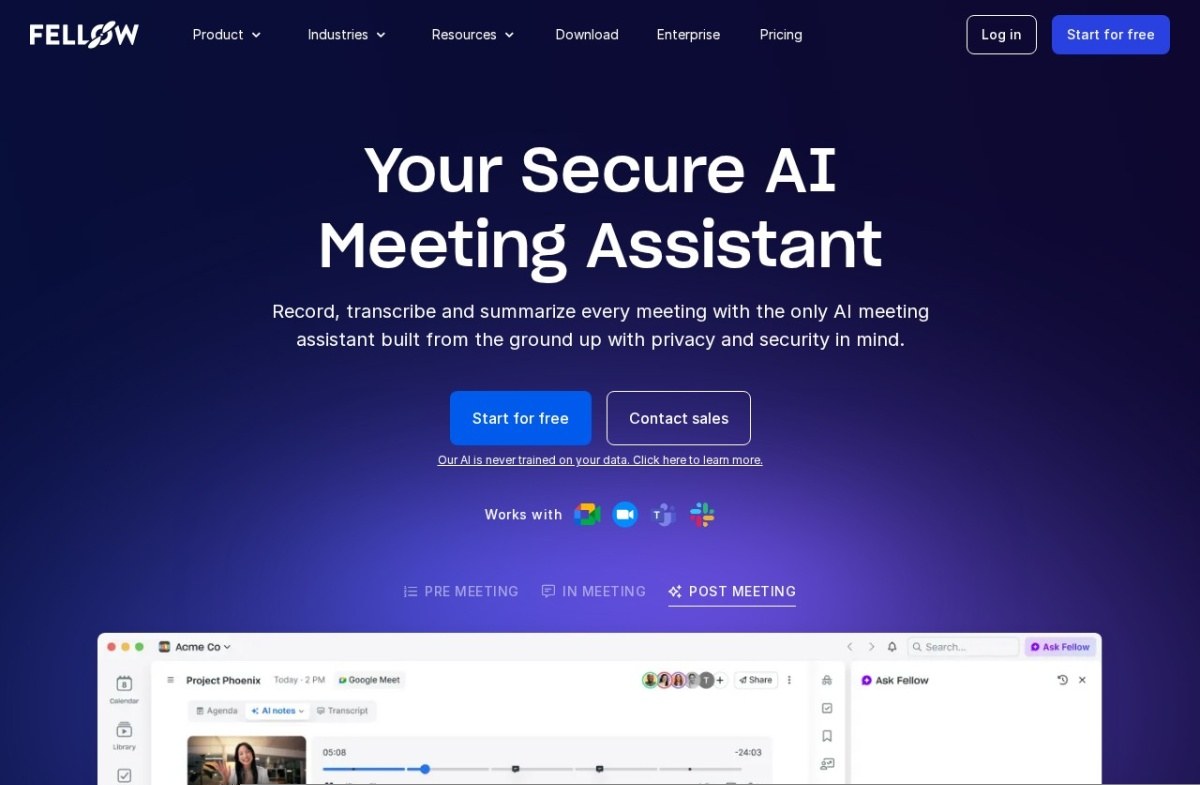 Fellow AI meeting assistant home page