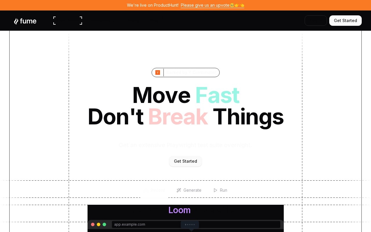 Fume homepage showing screen recordings converted into Playwright test suites