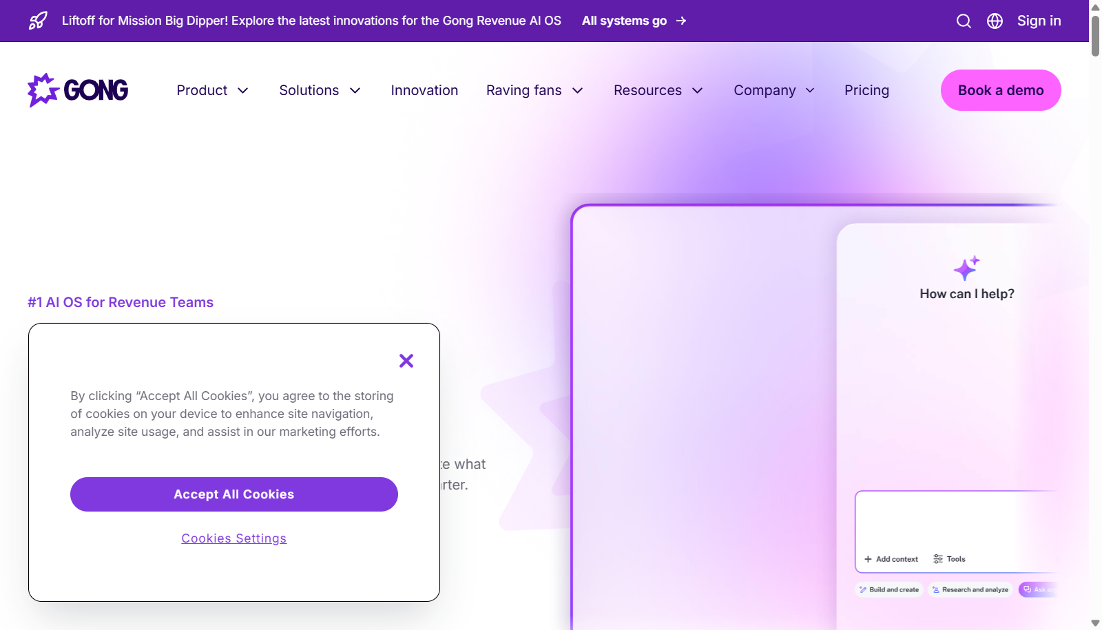 Gong homepage showing its revenue intelligence platform