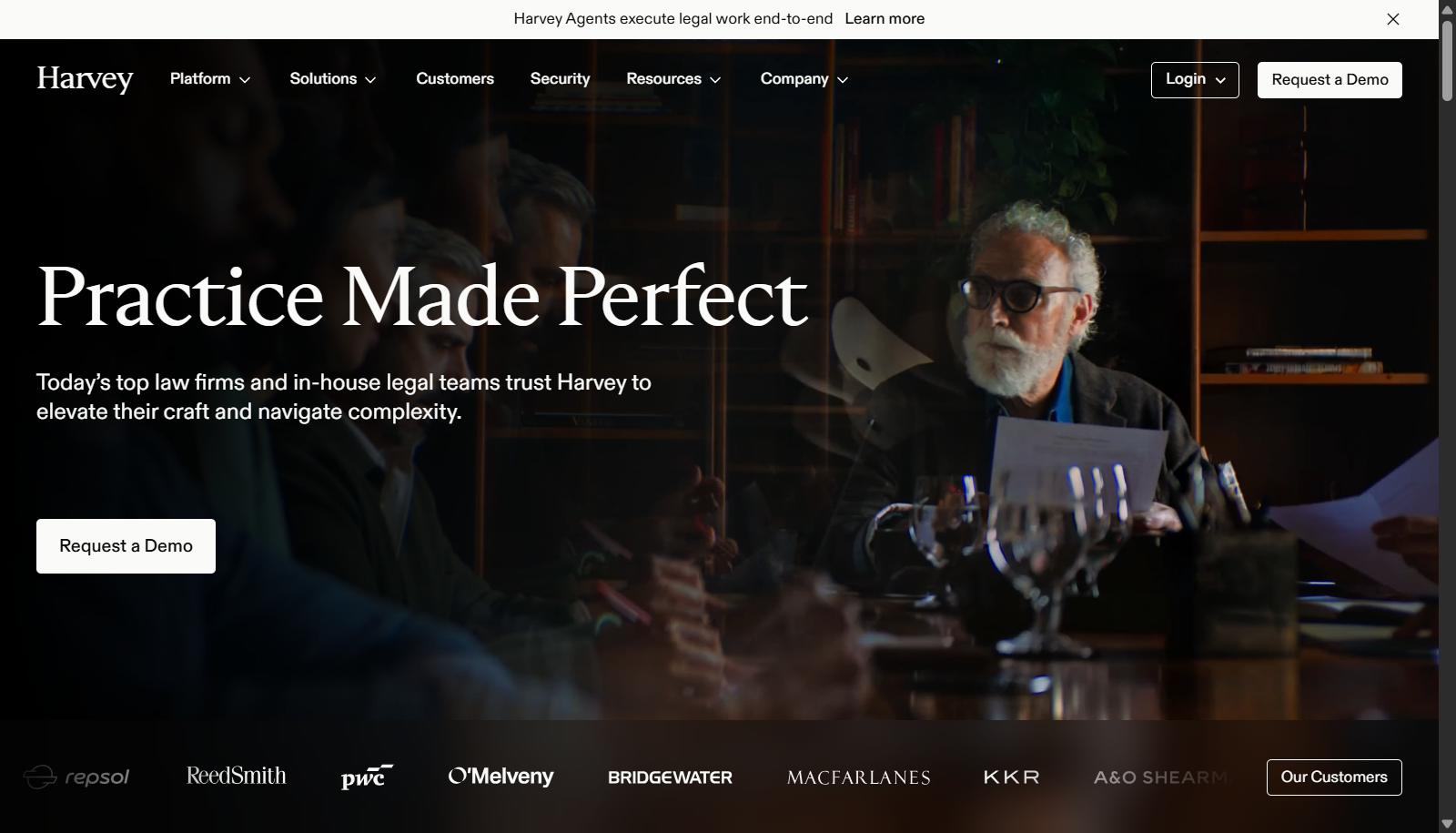 Harvey homepage showing its legal AI platform and law firm customers