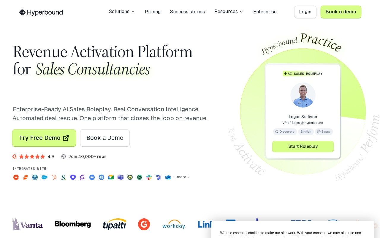 Hyperbound homepage describing AI buyer-persona roleplay for sales reps