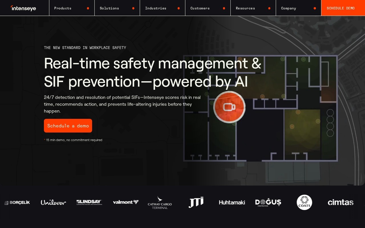 Intenseye home page with a camera marker on a factory floor plan, headlined Real-time safety management
