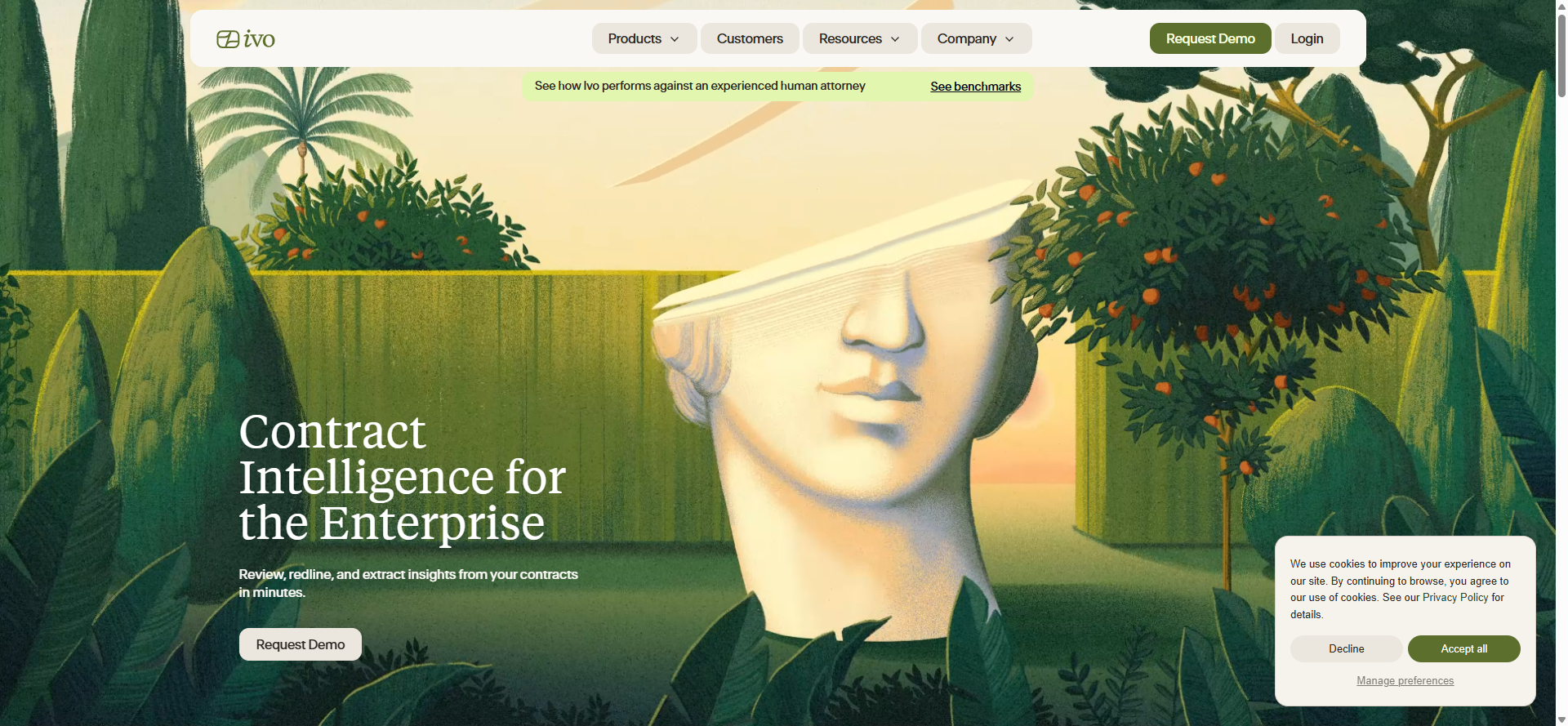 Ivo homepage describing contract intelligence for the enterprise