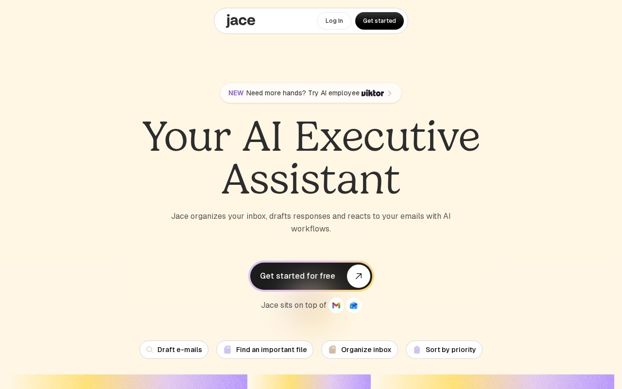 Jace homepage describing an AI executive assistant that organises an inbox