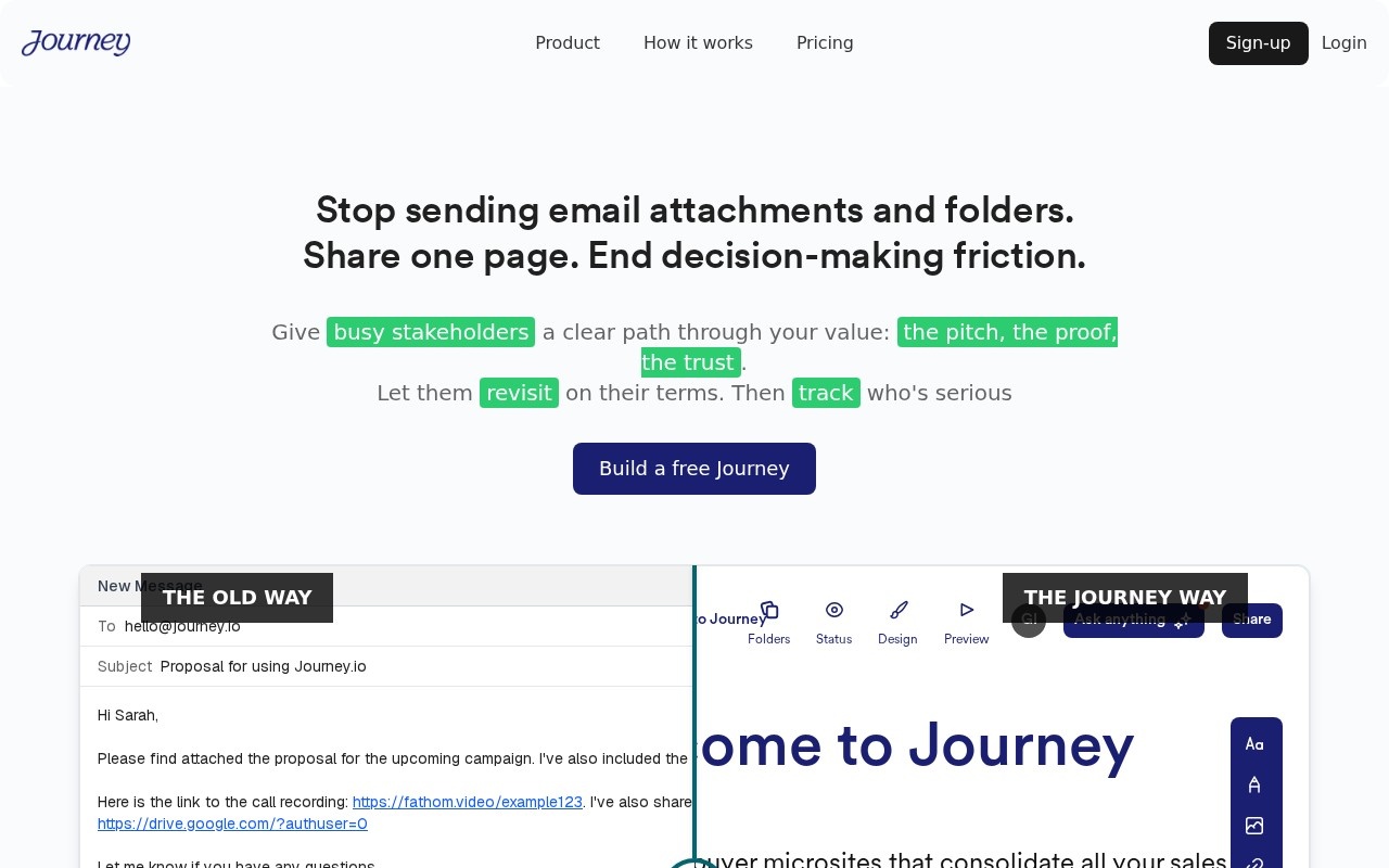 Journey.io homepage showing its buyer-facing pitch page builder