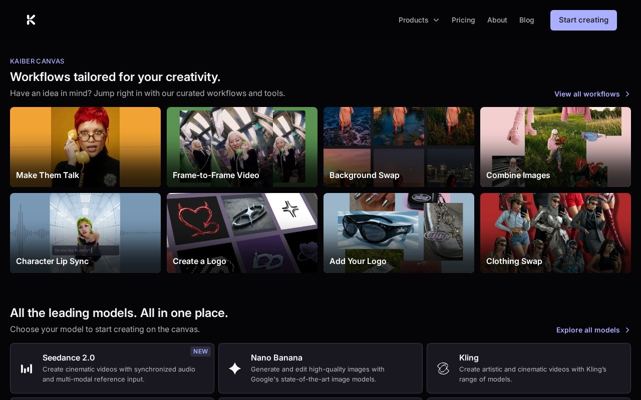 Kaiber canvas showing workflows including Make Them Talk and Frame-to-Frame Video