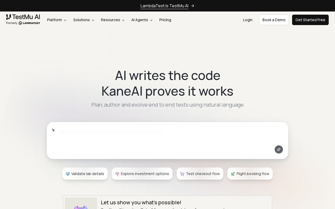 KaneAI homepage showing its natural-language test automation agent