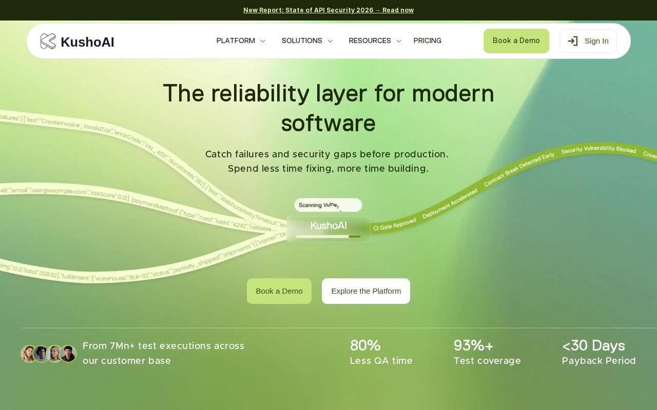 KushoAI homepage showing automated API test suite generation