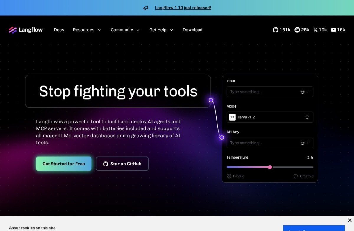 Langflow homepage showing its visual builder for AI agents