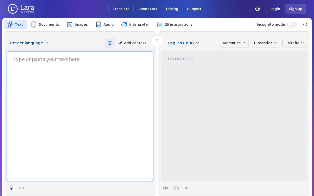 Lara Translate interface with text, documents, images, audio and interpreter modes