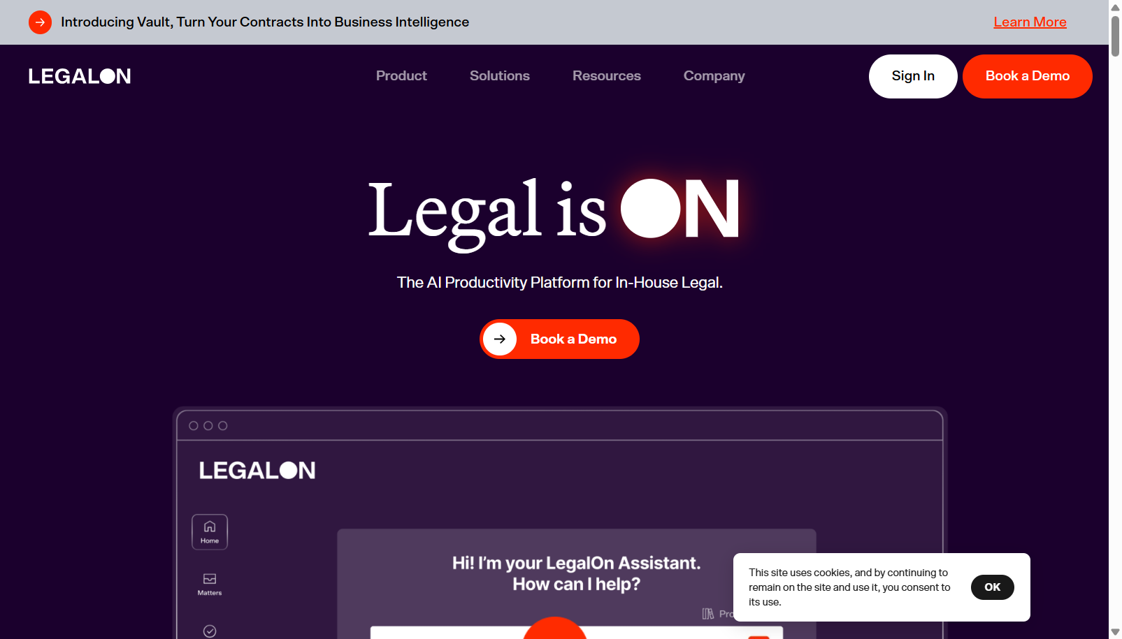 LegalOn homepage showing its AI productivity platform for in-house legal