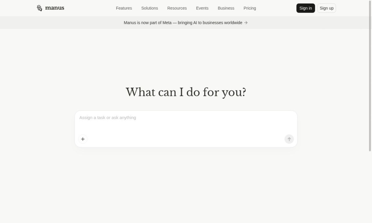 Manus homepage with a banner announcing that Manus is now part of Meta