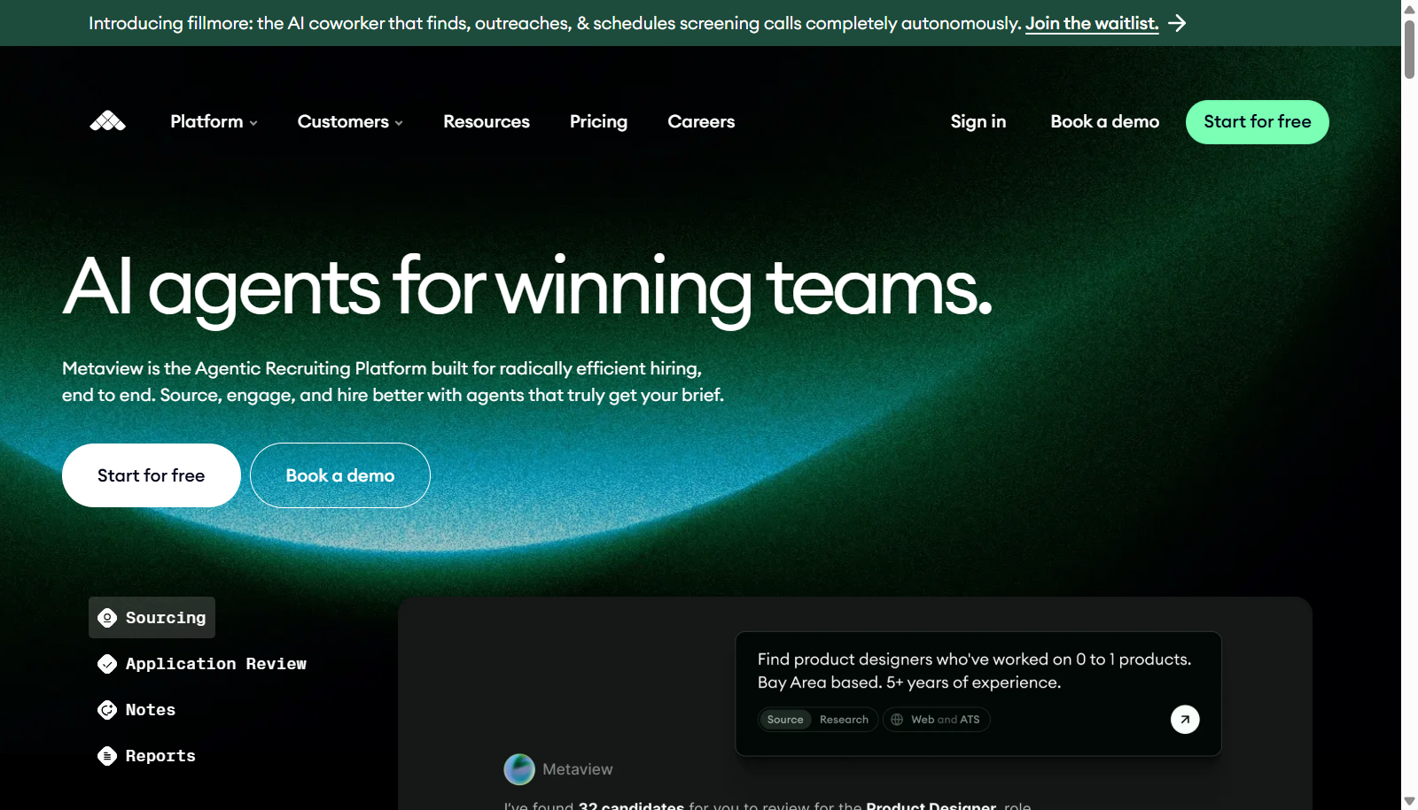 Metaview homepage describing AI agents for recruiting teams