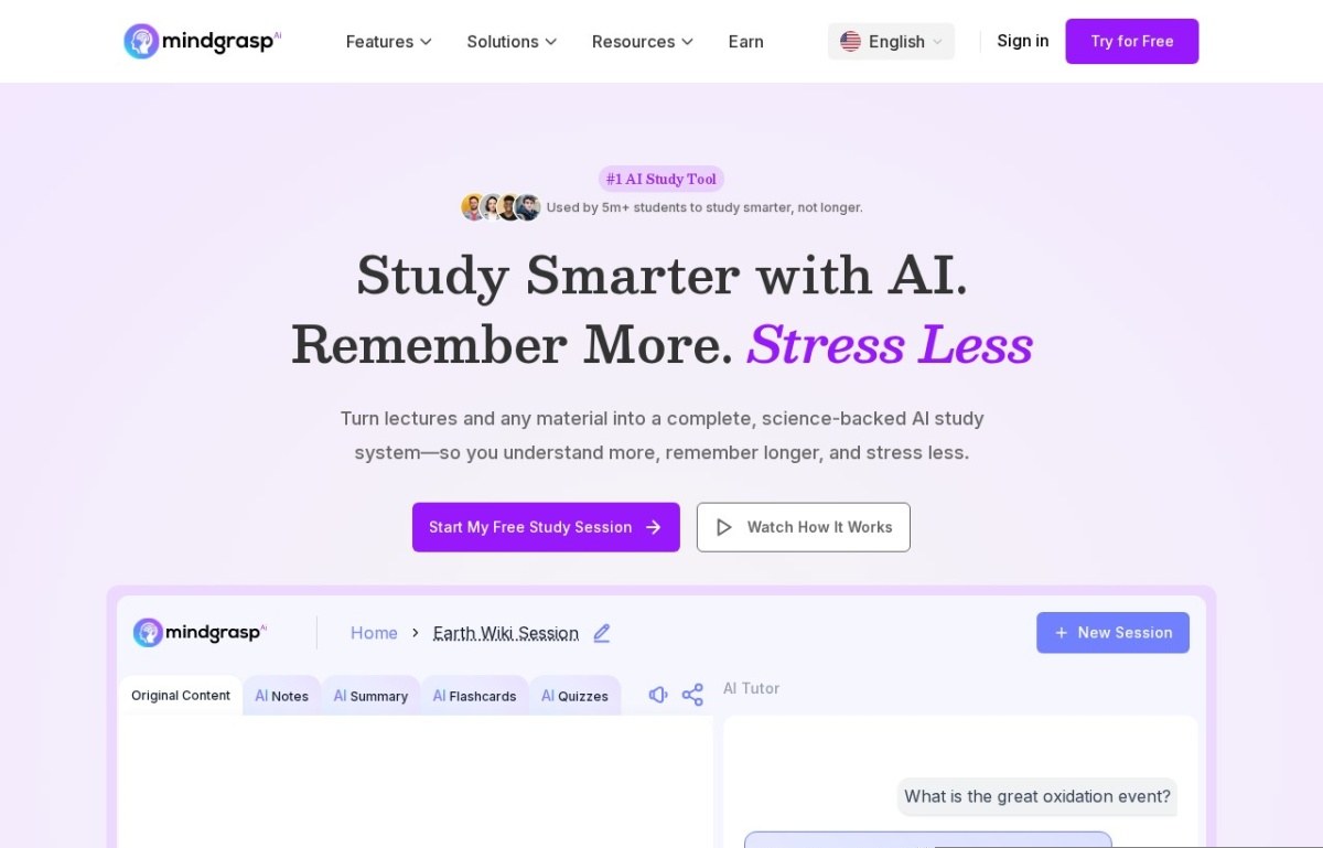 Mindgrasp homepage describing study materials generated from lecture recordings