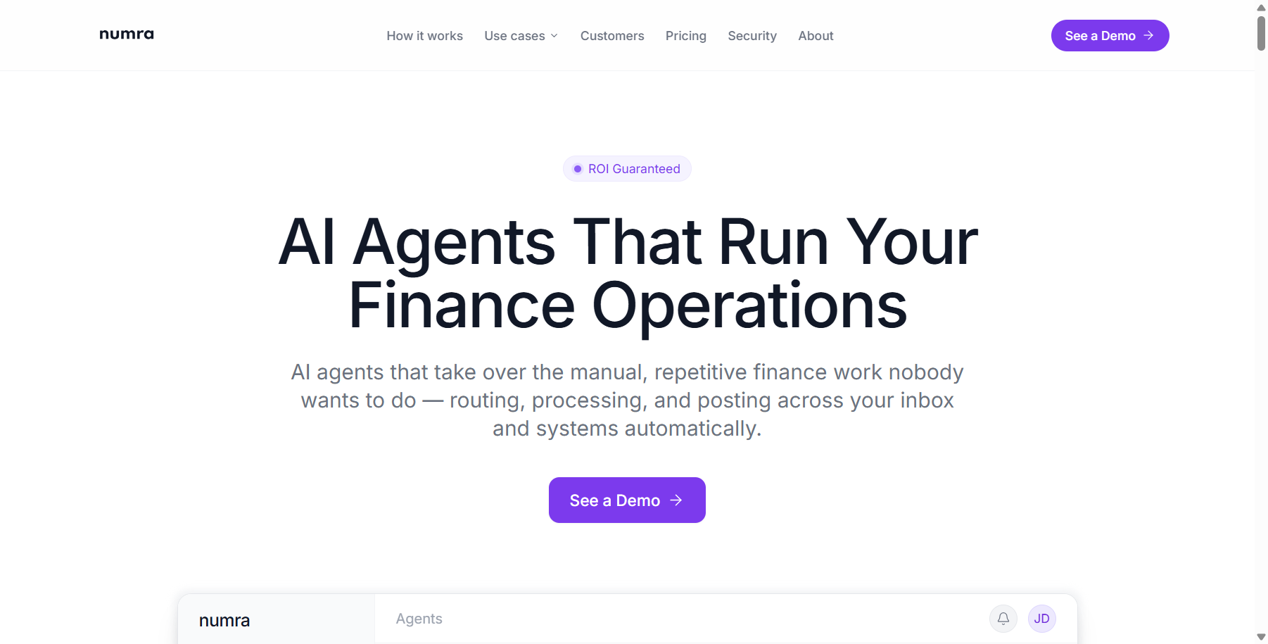 Numra homepage describing AI agents that run finance operations