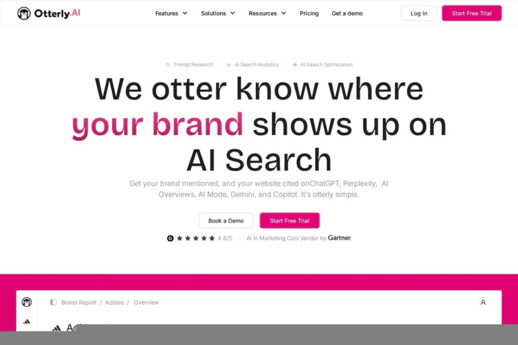 Otterly.AI homepage showing its AI search monitoring dashboard