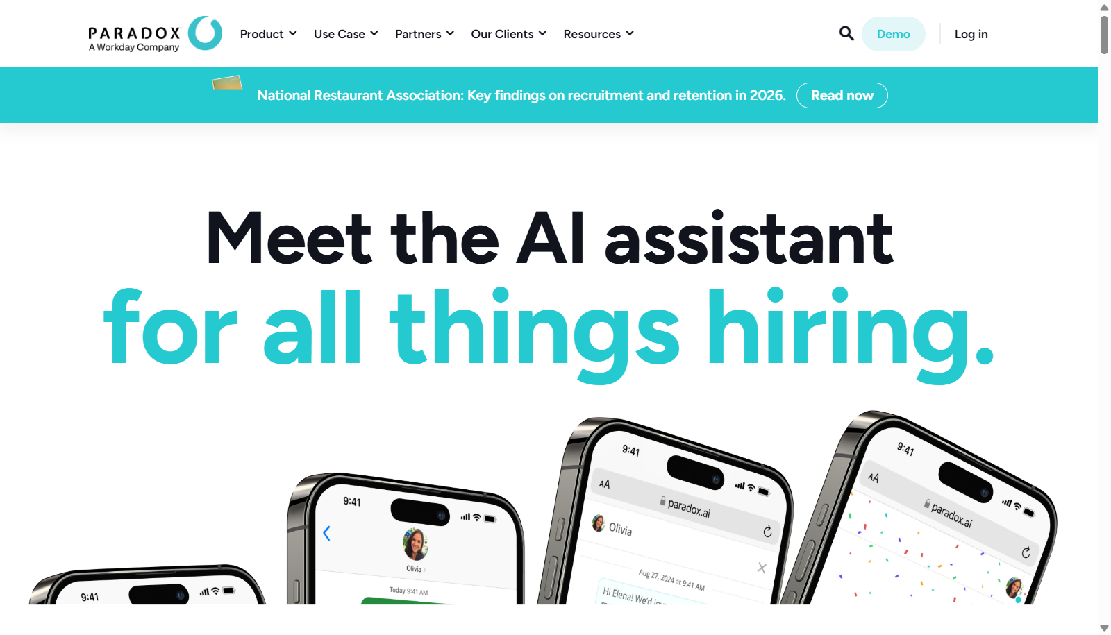 Paradox homepage showing its AI assistant for hiring, with Workday branding
