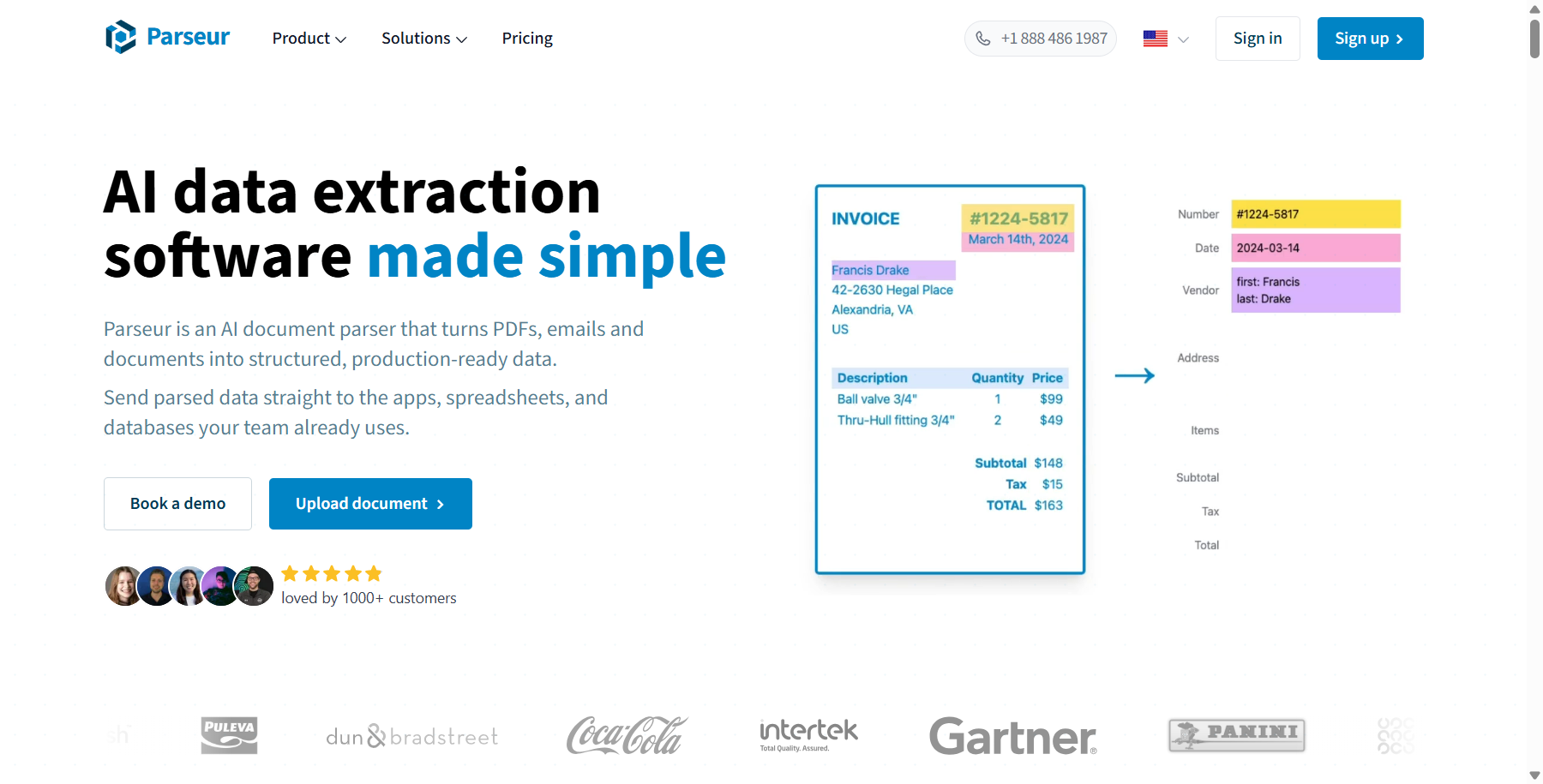 Parseur homepage showing an invoice being turned into structured fields