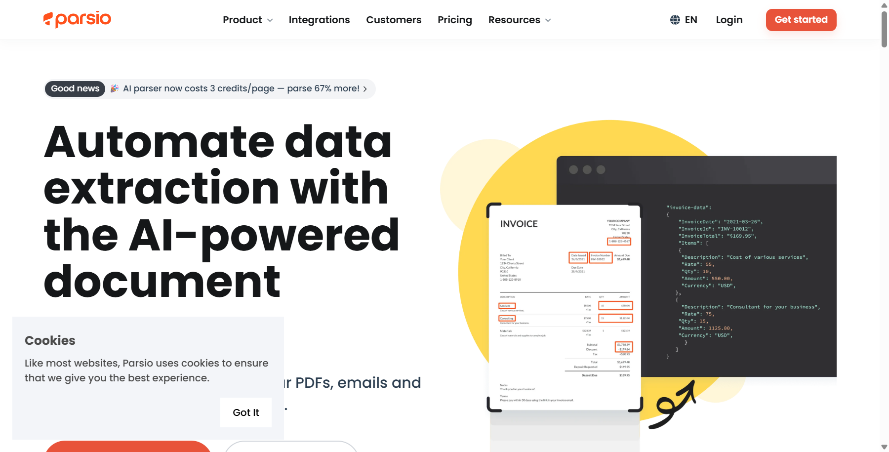 Parsio homepage showing invoice data extracted into structured output