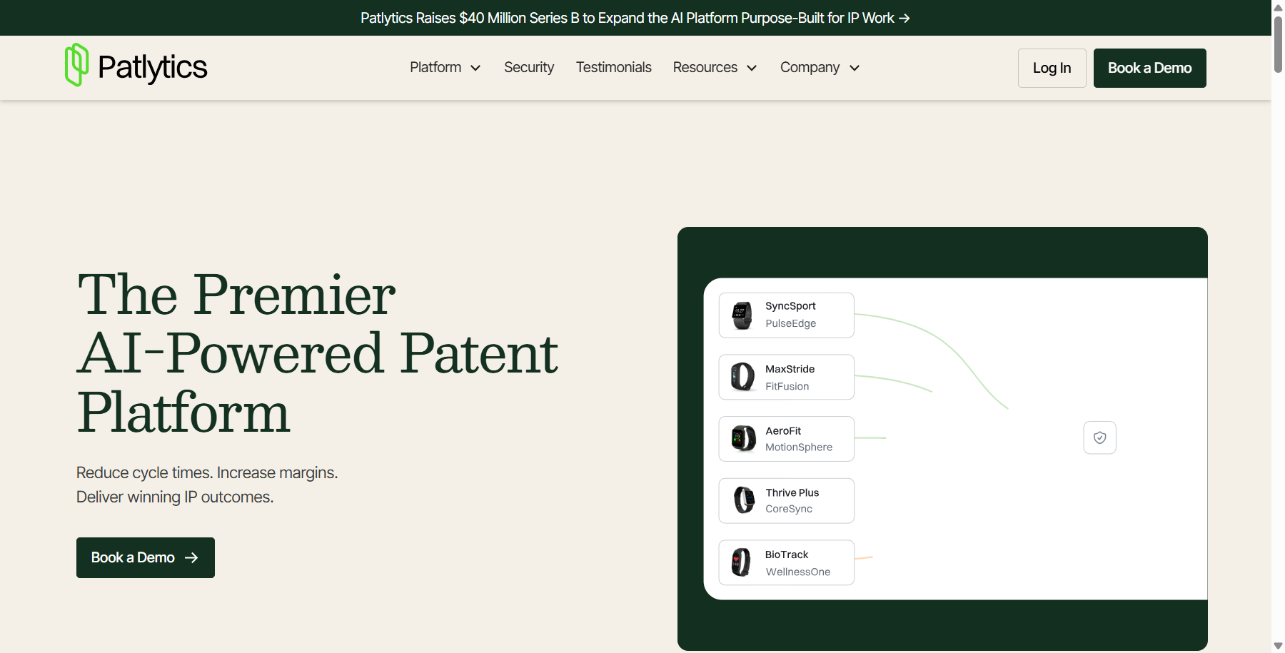 Patlytics homepage describing its AI-powered patent platform
