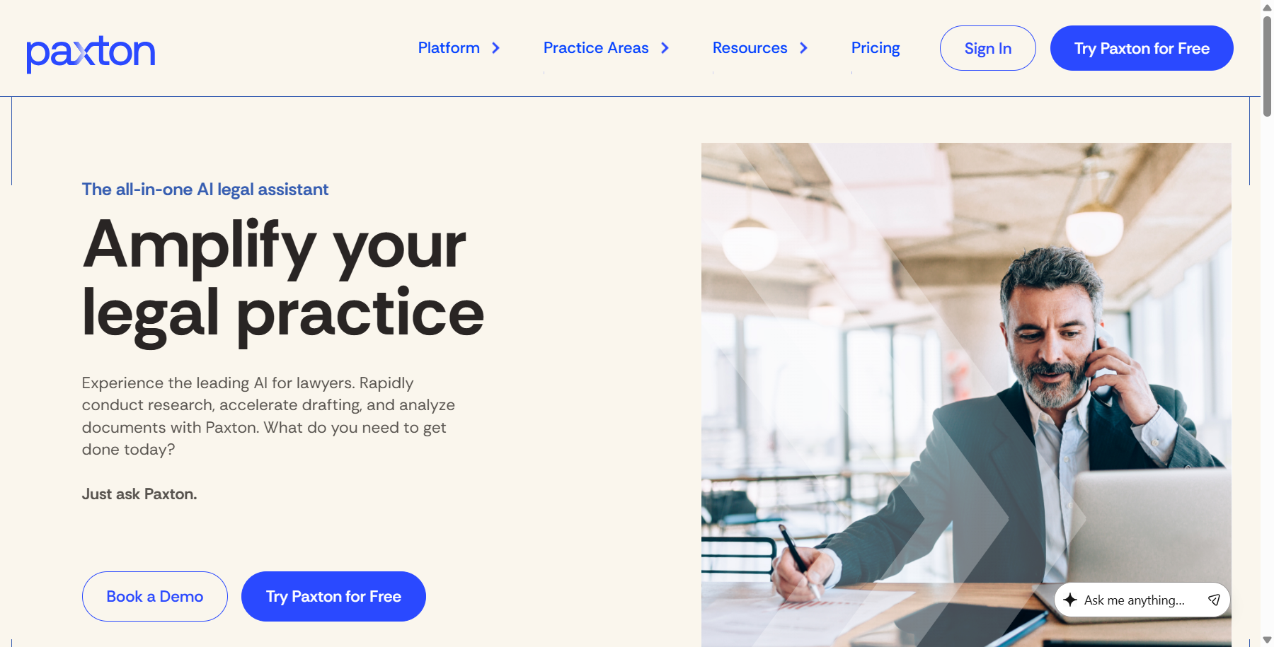 Paxton AI homepage describing an all-in-one AI legal assistant