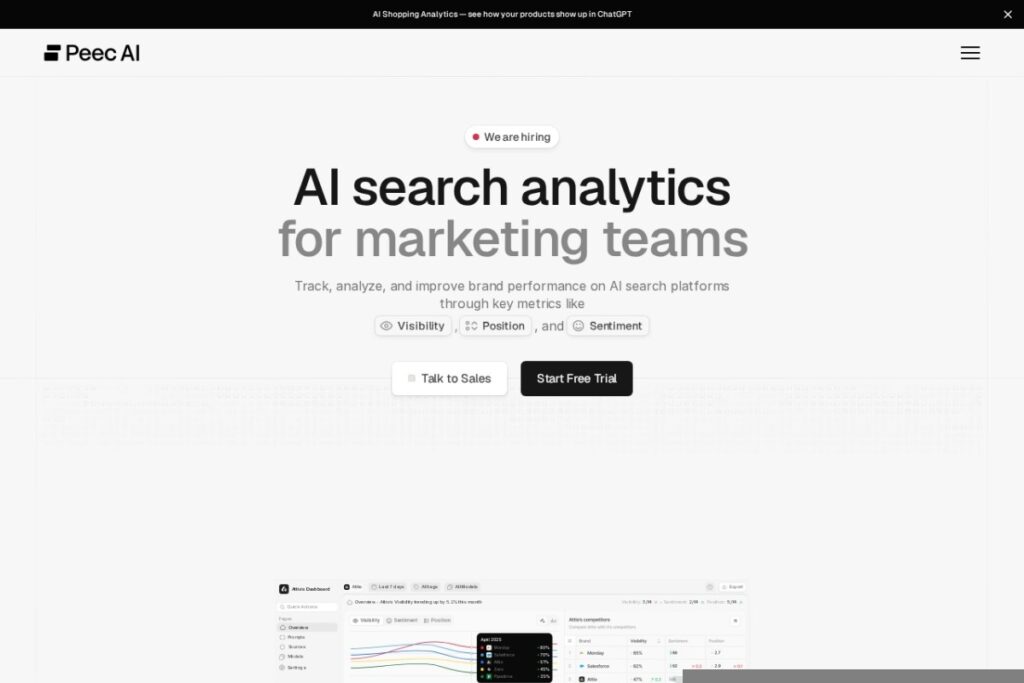 Peec AI homepage showing its AI visibility and sentiment tracking