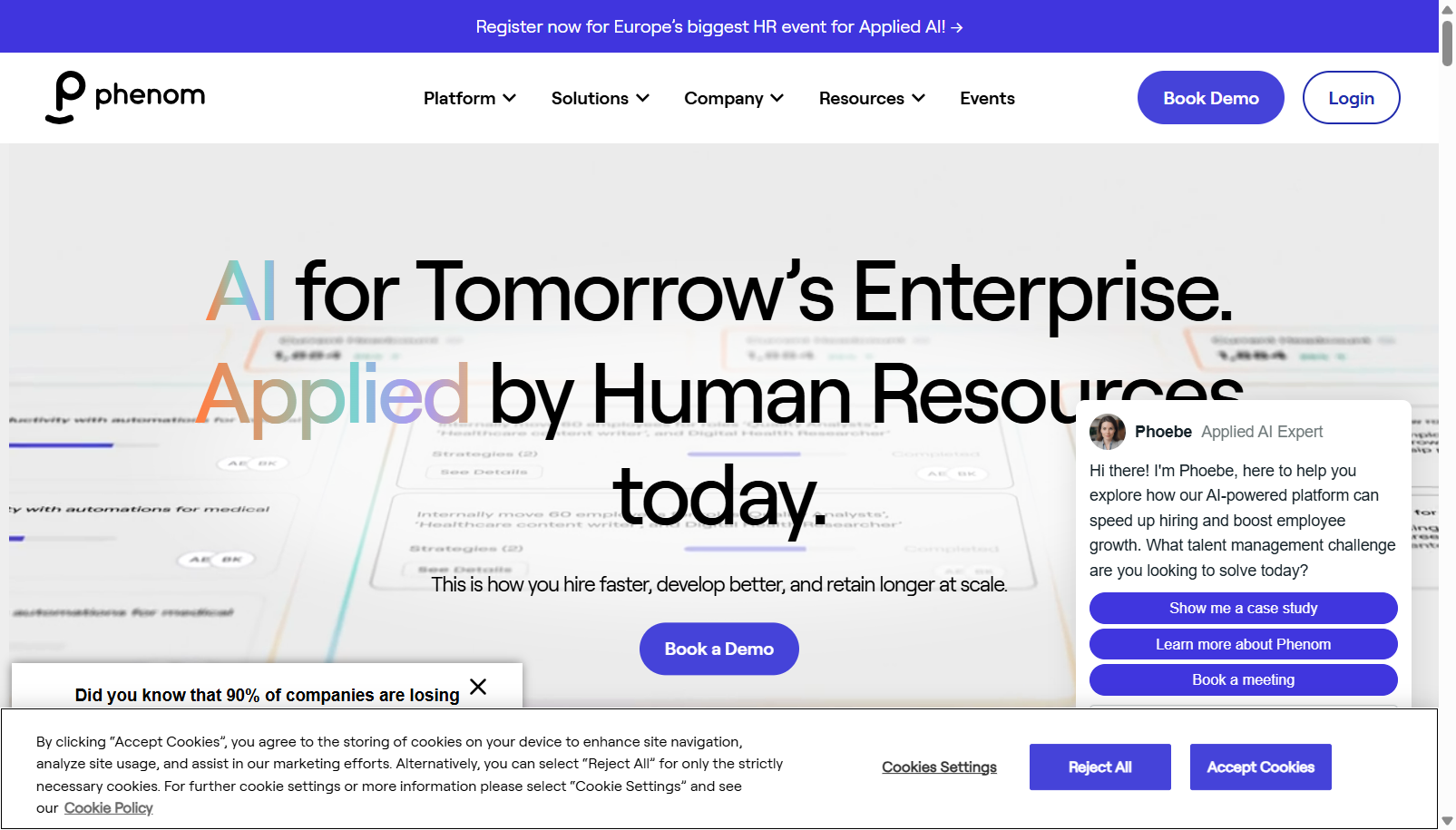 Phenom homepage describing AI applied by human resources