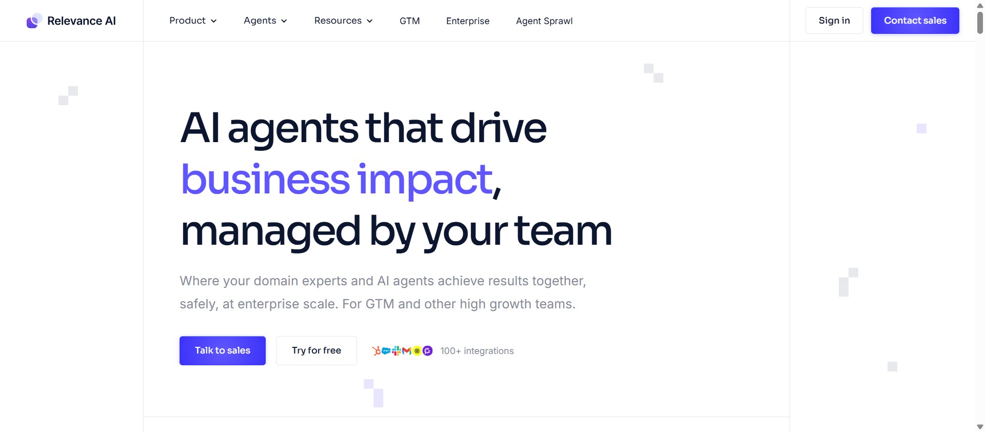 Relevance AI homepage describing AI agents managed by your own team