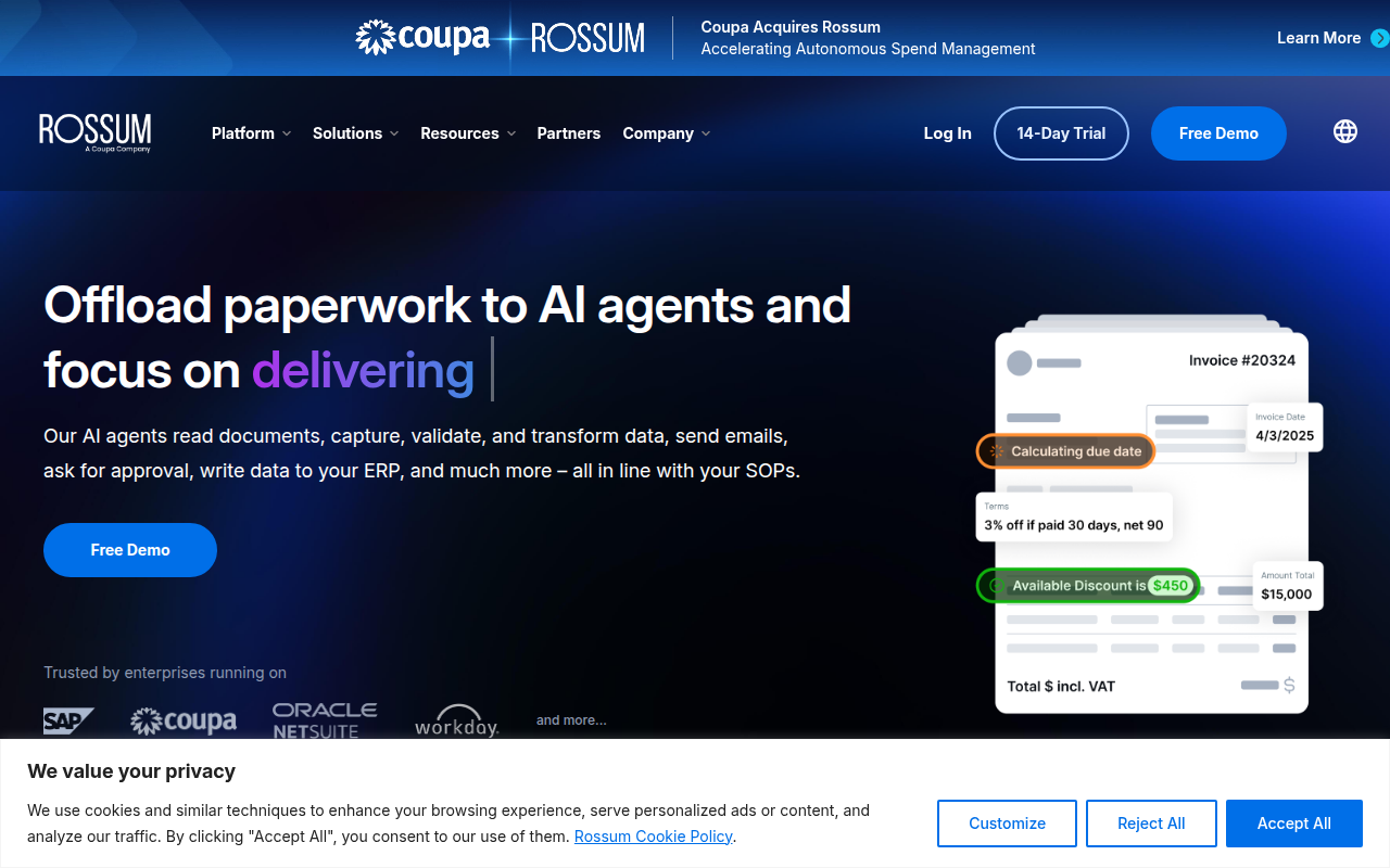 Rossum homepage carrying a Coupa acquisition banner above its AI agents messaging