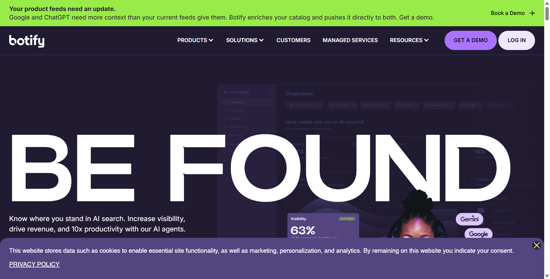 Botify homepage showing its enterprise AI search visibility platform
