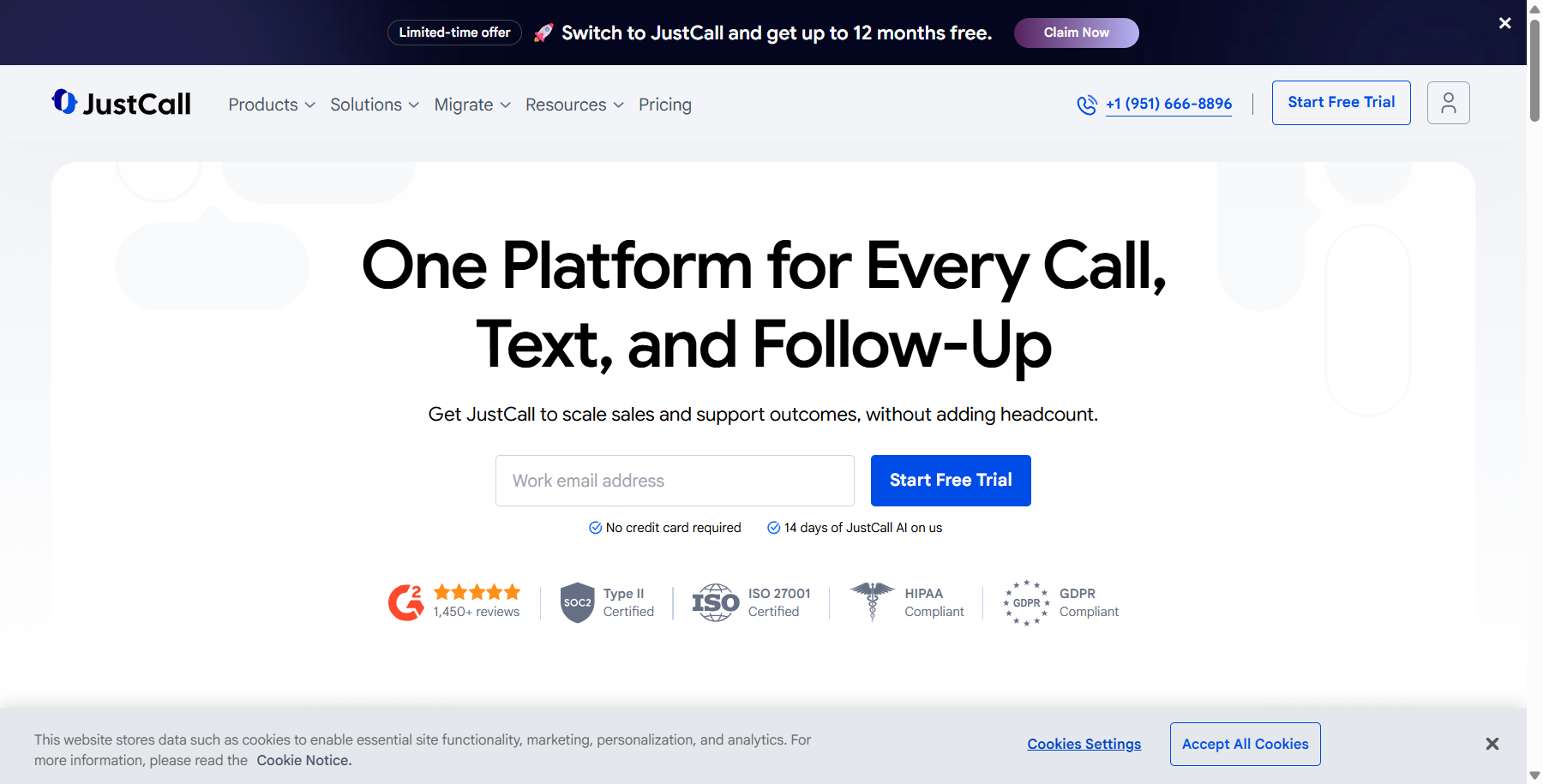 JustCall voice and SMS sales platform home page
