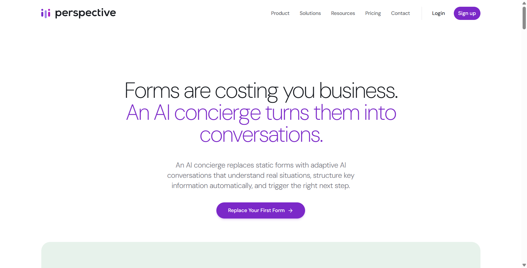 Perspective AI homepage describing an AI concierge that replaces static forms
