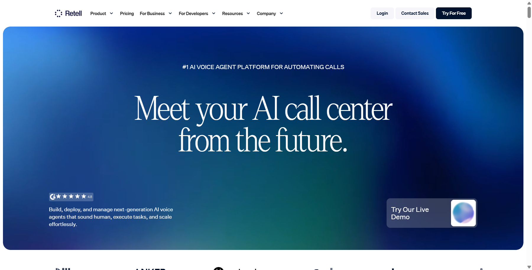 Retell AI home page offering a live demo of its call center voice agent