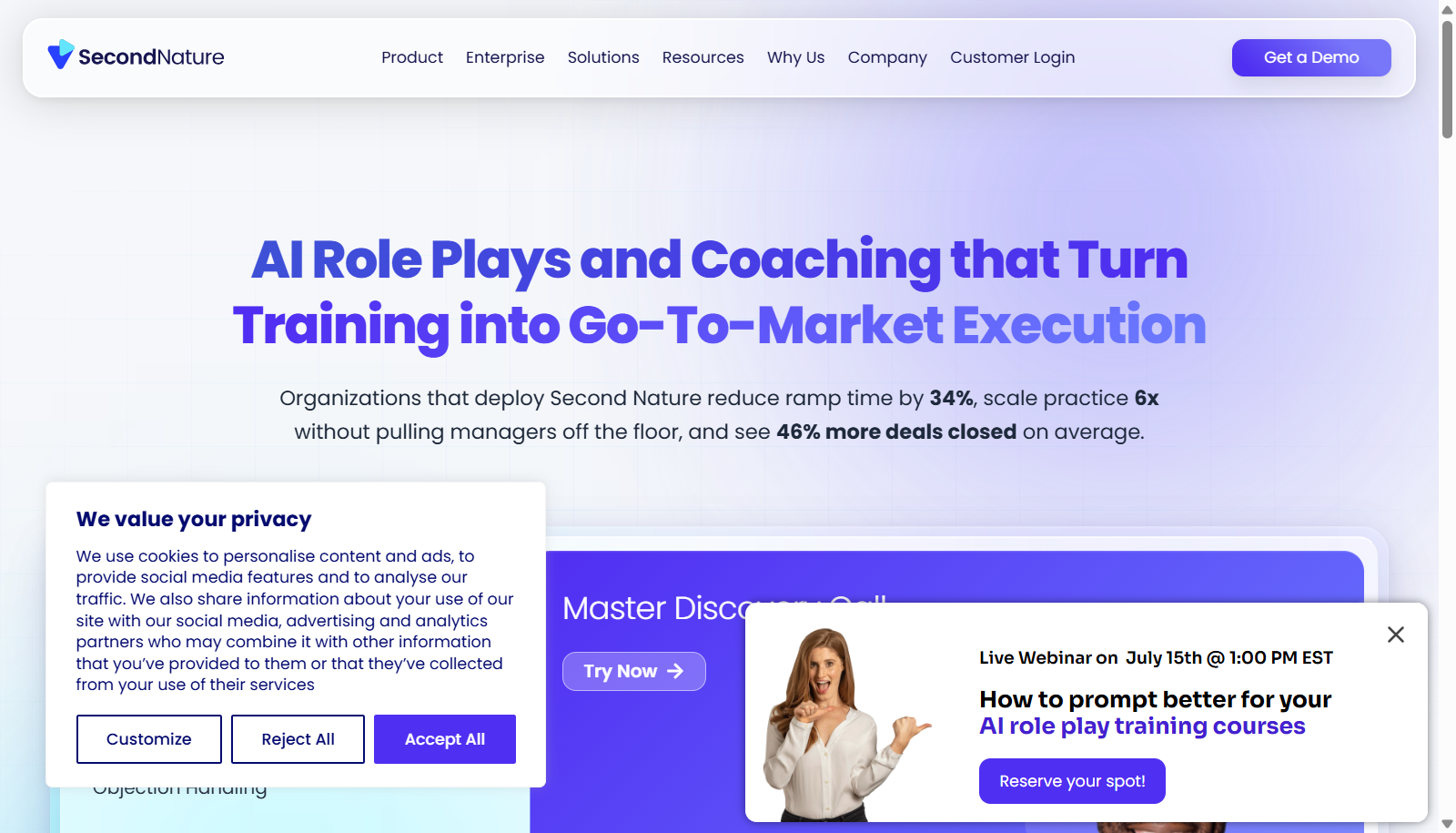 Second Nature homepage describing AI roleplay coaching for sales teams