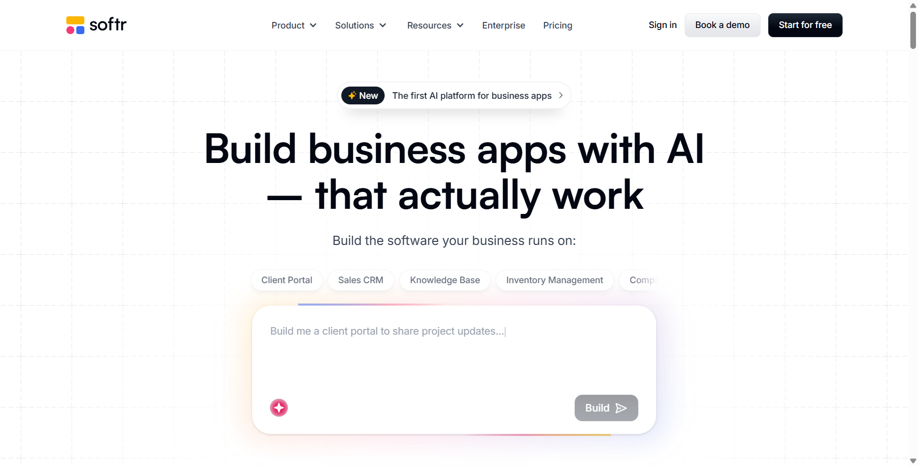 Softr homepage describing business apps built with AI