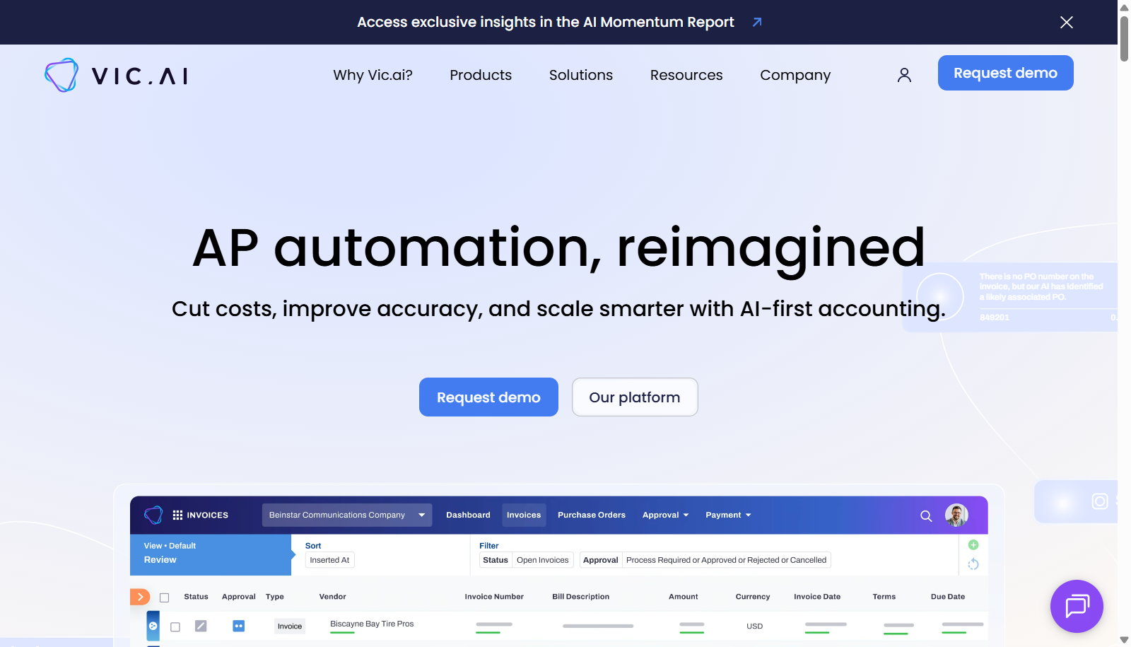 Vic.ai homepage describing accounts payable automation with an invoice queue below