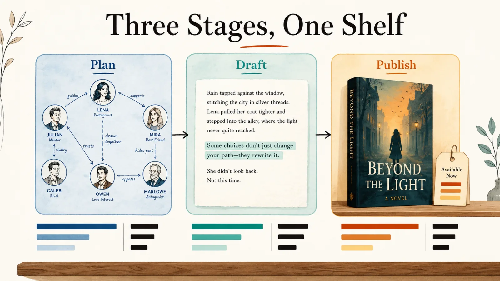 Plan, draft and publish stages side by side: a character relationship map, a manuscript page, and a finished novel on a shelf