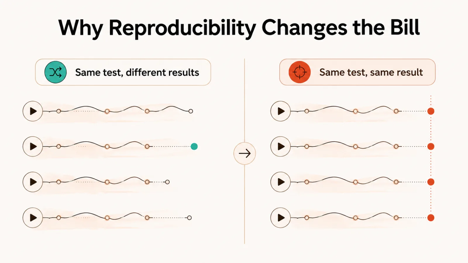 Diagram contrasting scattered test results with runs that end identically