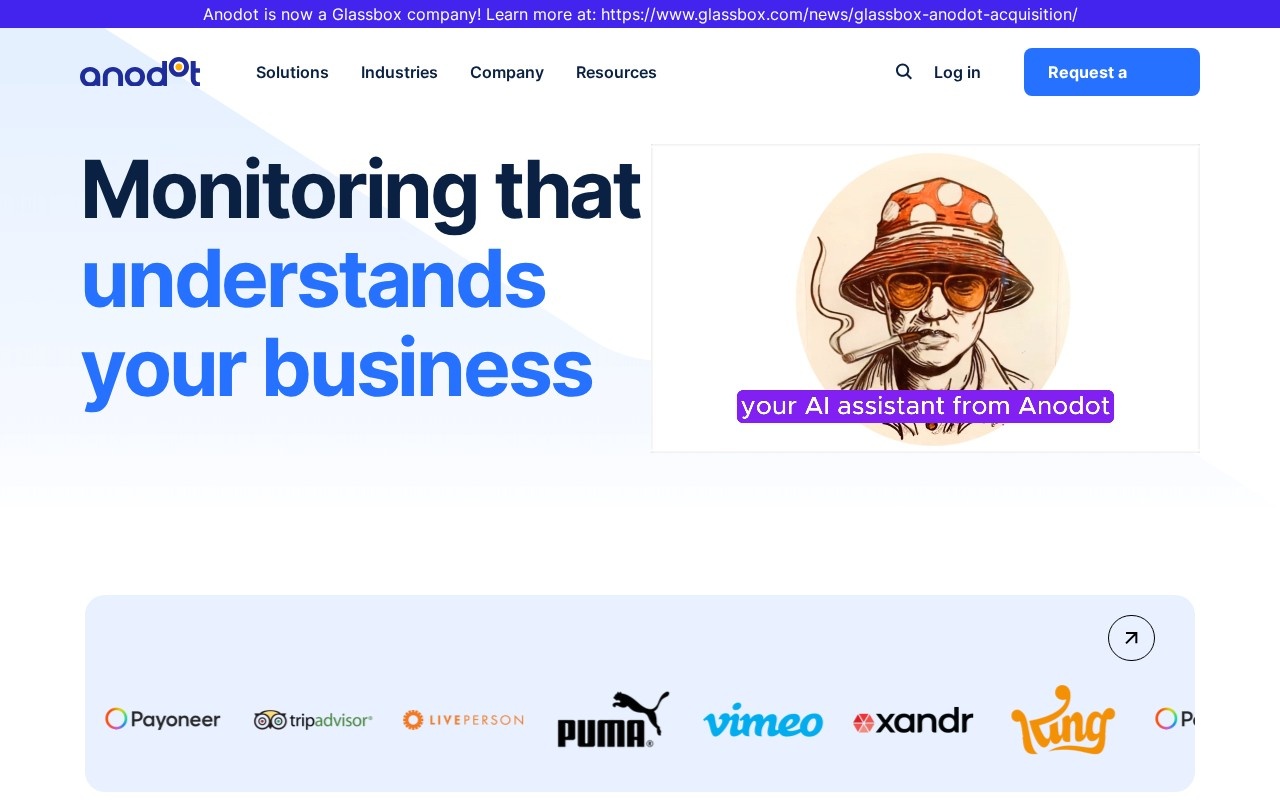 Anodot home page headlined Monitoring that understands your business, under a Glassbox ownership banner