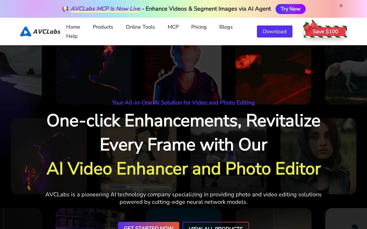 AVCLabs home page with a one-click AI video enhancer and photo editor headline