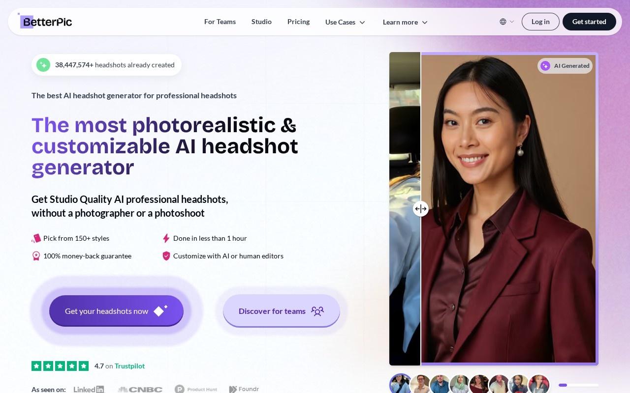 BetterPic AI headshot generator home page