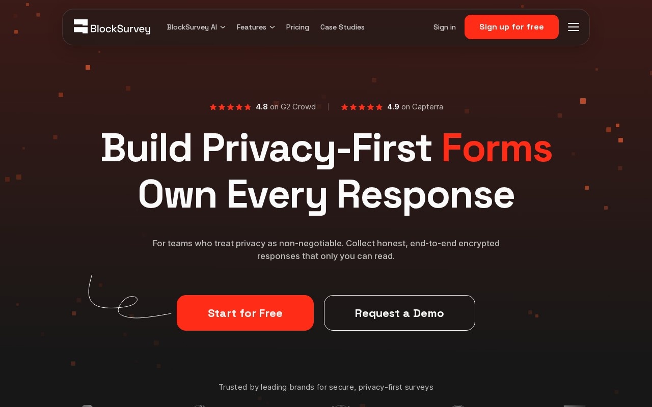 BlockSurvey homepage describing privacy-first encrypted forms