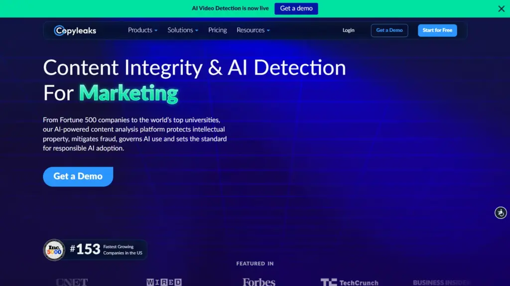 Copyleaks homepage showing its content integrity and AI detection platform