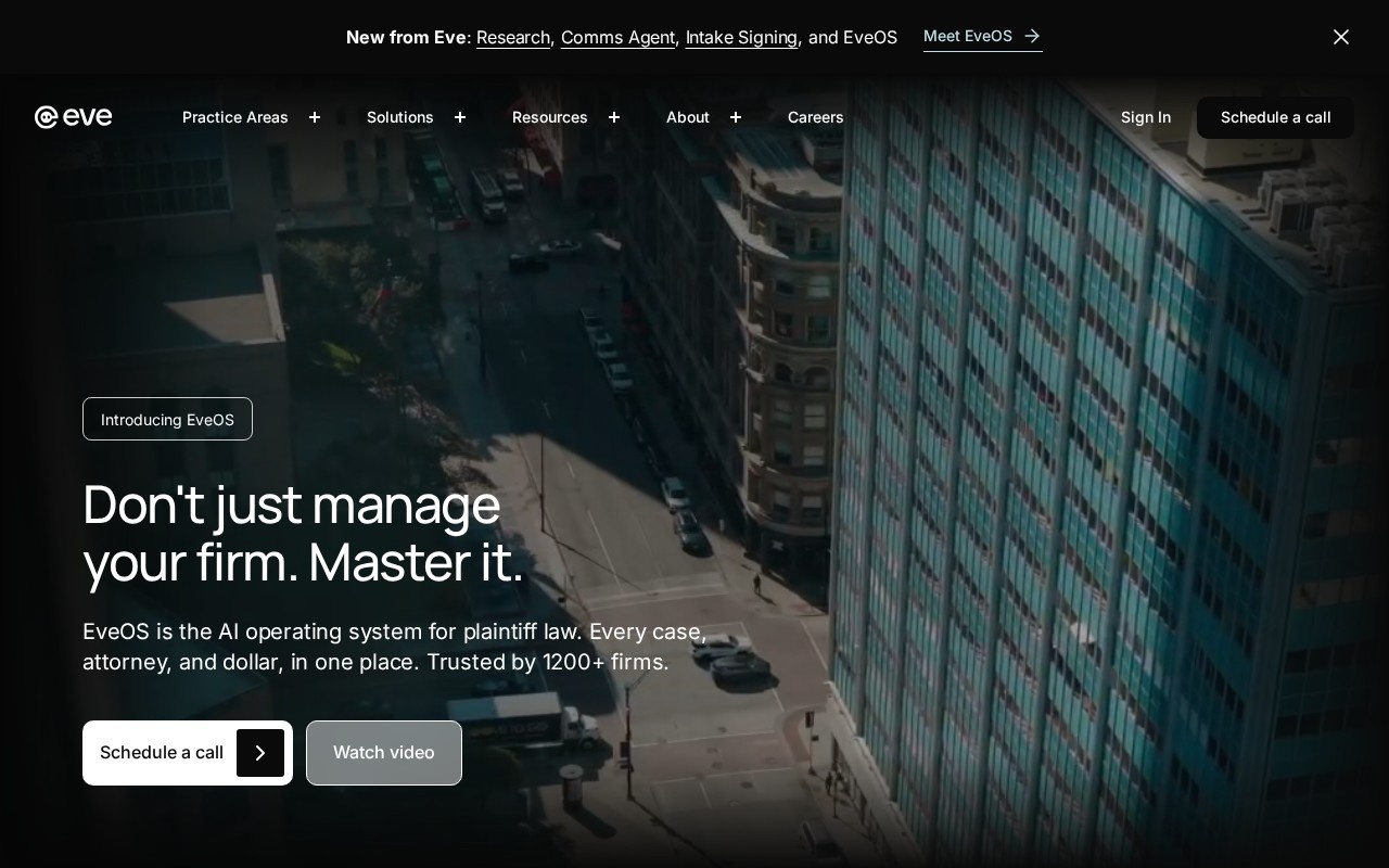 Eve homepage describing an AI operating system for plaintiff law