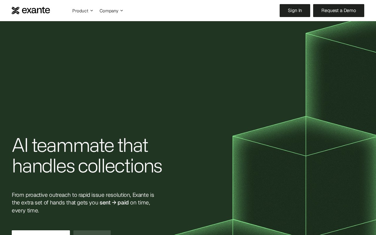 Exante homepage describing an AI teammate that handles collections