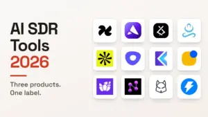 Twelve AI SDR tool logos beside the headline AI SDR Tools 2026, three products one label