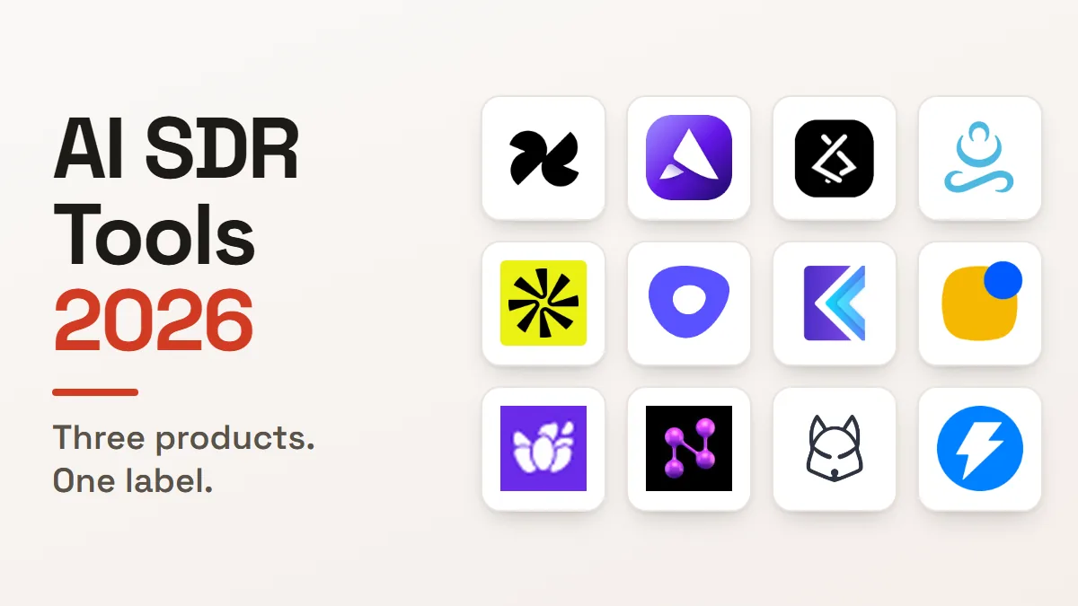 Twelve AI SDR tool logos beside the headline AI SDR Tools 2026, three products one label