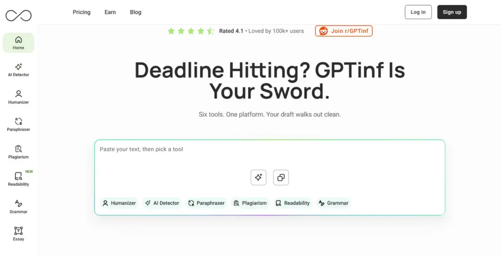 GPTinf homepage showing its paraphrasing and humanizing toolset