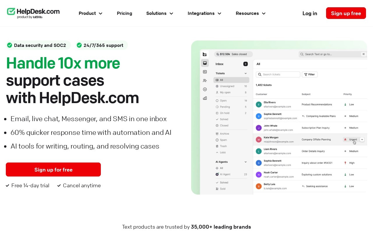 HelpDesk homepage showing a unified inbox with a ticket list