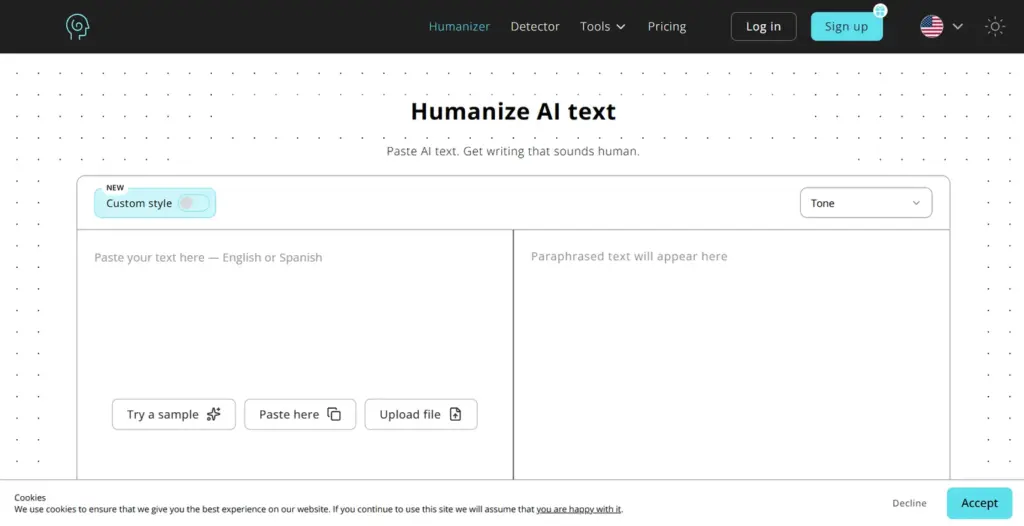 Humanize AI Pro homepage showing its text rewriting workspace